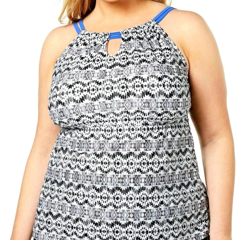 (NWT) Go by Gossip Black/Blue Printed Keyhole Swimsuit Tankini Top Plus Size 1X